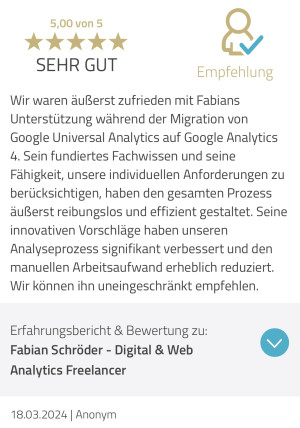 Testimonial von Inhaber Online-Shop: Ich habe Fabian über LinkedIn kontaktiert, da ein Marketingkanal sehr widersprüchliche ROAS-Werte zeigte. Im gemeinsamen Live-Walkthrough hat er sich schnell in unser Tracking- und Marketing-Setup eingearbeitet und zielgerichtet mögliche Fehlerquellen angesprochen. Dabei stellt er die richtigen Fragen, bleibt pragmatisch und denkt auch an untypische technische Fallstricke für die es ein tiefes technisches Verständis erfordern. Der Termin hat uns sehr geholfen einzuordnen, auf welche Zahlen wir uns verlassen können.