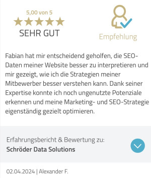 Testimonial von Alexander F.: Fabian hat mir entscheidend geholfen, die SEO-Daten meiner Website besser zu interpretieren und mir gezeigt, wie ich die Strategien meiner Mitbewerber besser verstehen kann. Dank seiner Expertise konnte ich noch ungenutzte Potenziale erkennen und meine Marketing- und SEO-Strategie eigenständig gezielt optimieren.